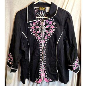 Bob Mackie Wearable Art Blouse Womens Western Shirt Zippered Embroidered 2x